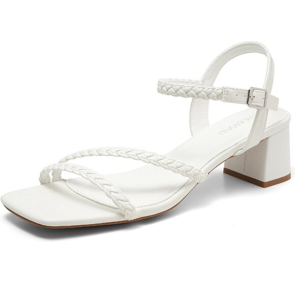 Women's White Sandals 1.97 inch Low Chunky Block Heels Square Open Toe w Strap - Picture 1 of 7